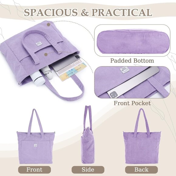Light Purple Corduroy Tote Bag for Women, Large Capacity, Zipper Closure - Picture 5 of 8